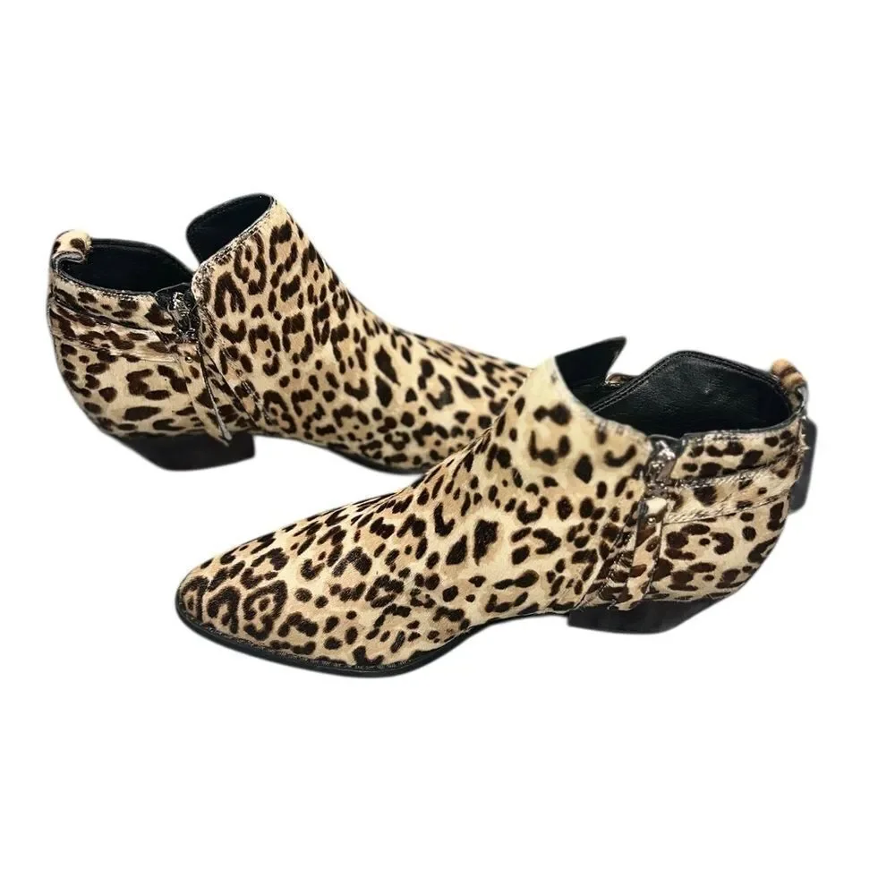 Sam Edelman Leopard Calf Hair Ankle Boots Sz 8 Brown Animal Print Booties